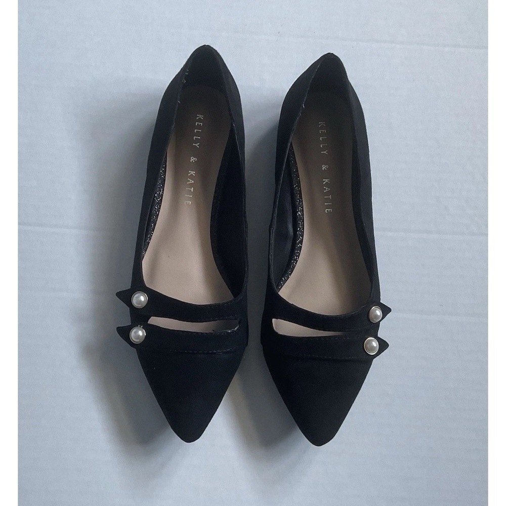 Kelly & Katie Black Suede Pointed Toe Pearls Ballet Flats Slip On Women's 6